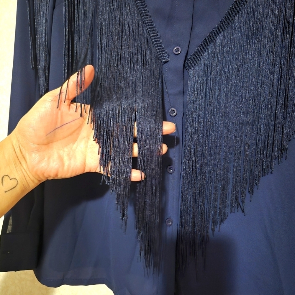 NEW...Chic Navy Fringe Button-Up Shirt..SIZE:L - Picture 8 of 13